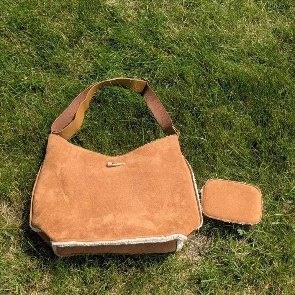 Y2K Boho GAP Faux Shearling Hobo Purse & Coin Purse Set Tan Faux Suede Hippie